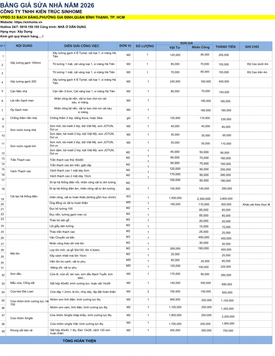 ĐƠN GIÁ SỬA NHÀ NĂM 2026